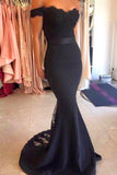 Mermaid Sweep Train Navy Blue Stretch Satin Prom Dress With Appliques Lace  TY0012