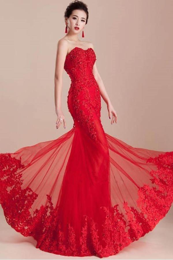Mermaid Sweetheart Appliques Beading Lace-up Long Prom Dress PG321 - Tirdress
