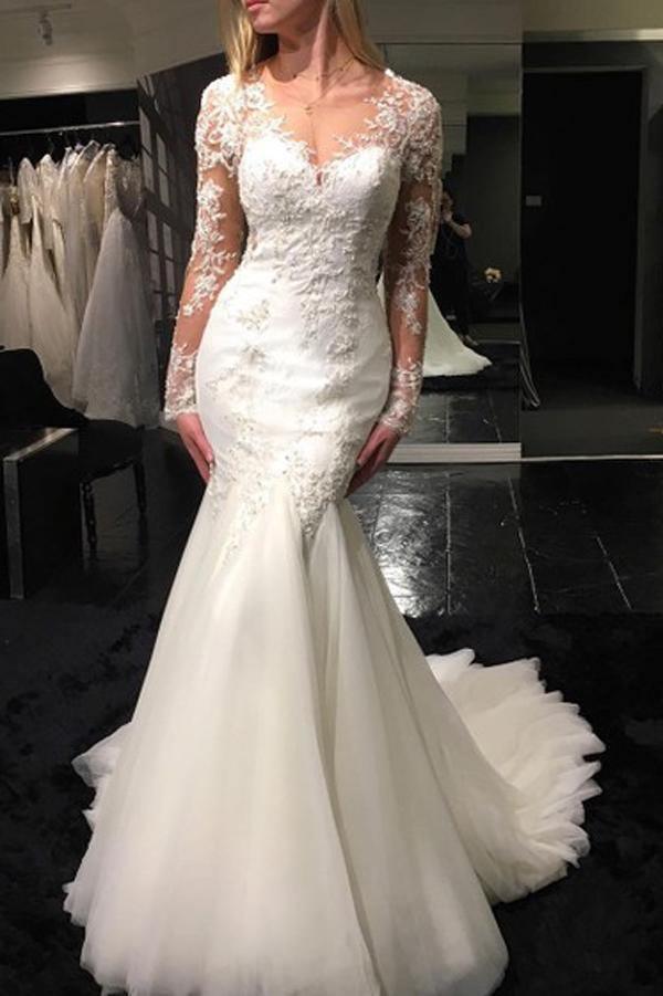 mermaid scoop wedding dress Luxurious Mermaid Scoop Neck Satin Long Bridal Dress with Appliques AB24122815 Anniebride