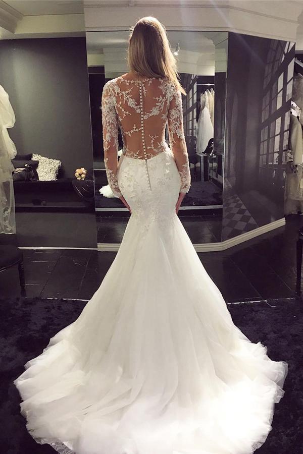 Mermaid Tulle Scoop Neck Sweep Train Lace Wedding Dresses with Appliques, TN116 - Tirdress