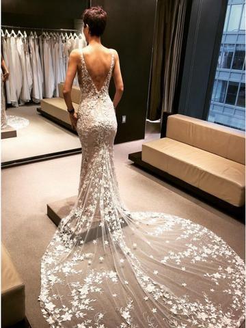 Mermaid V-Neck Backless Court Train Wedding Dress with Lace Appliques TN121 - Tirdress