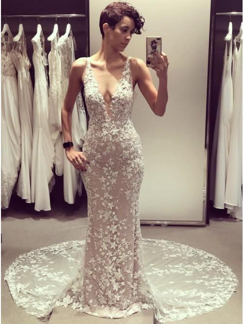 Mermaid V-Neck Backless Court Train Wedding Dress with Lace Appliques TN121 - Tirdress