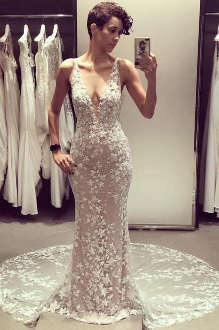 Mermaid V-Neck Backless Court Train Wedding Dress with Lace Appliques TN121 - Tirdress