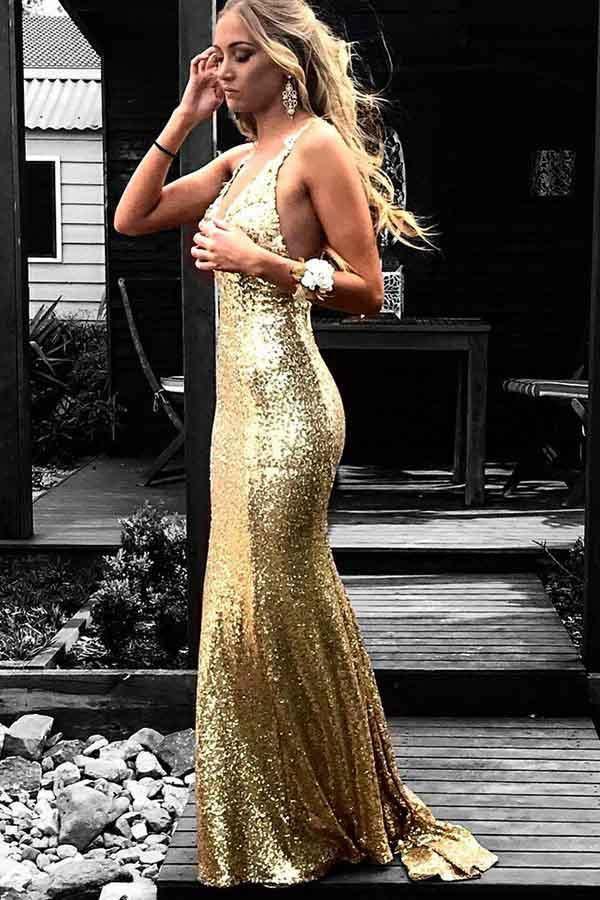 Mermaid V-Neck Backless Gold Sequined Prom Dress with Appliques PG615 - Tirdress