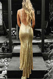 Mermaid V-Neck Backless Gold Sequined Prom Dress with Appliques PG615 - Tirdress