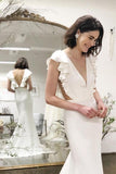 Mermaid V-Neck Cap Sleeves Backless Wedding Dress with Ruffles TN139