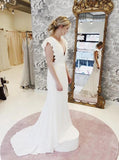 Mermaid V-Neck Cap Sleeves Backless Wedding Dress with Ruffles TN139 - Tirdress