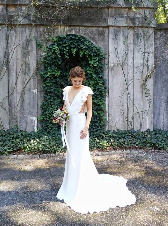 Mermaid V-Neck Cap Sleeves Backless Wedding Dress with Ruffles TN139 - Tirdress