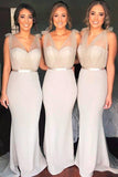 Mermaid V-Neck Sweep Train Light Grey Bridesmaid Dress with Sash BD045 - Tirdress