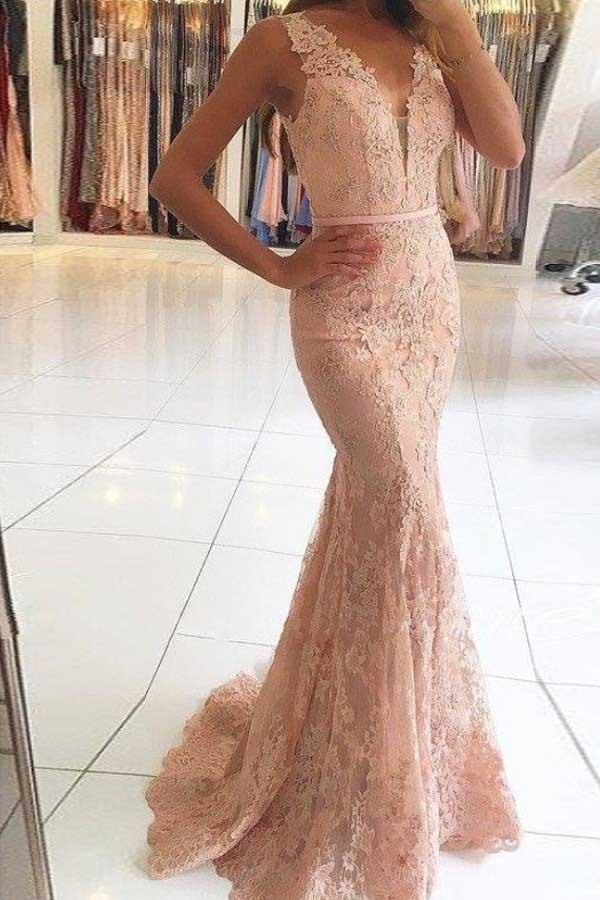 Mermaid V-Neck Sweep Train Pink Lace Prom Dress with Beading US8 / Custom Color Mermaid V-Neck Sweep Train Pink Lace Prom Dress with Beading US8 / Custom Color