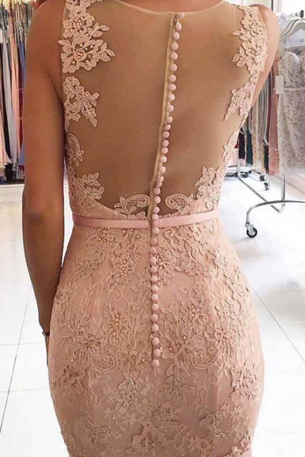 Mermaid V-Neck Sweep Train Pink Lace Prom Dress with Beading PG460 - Tirdress