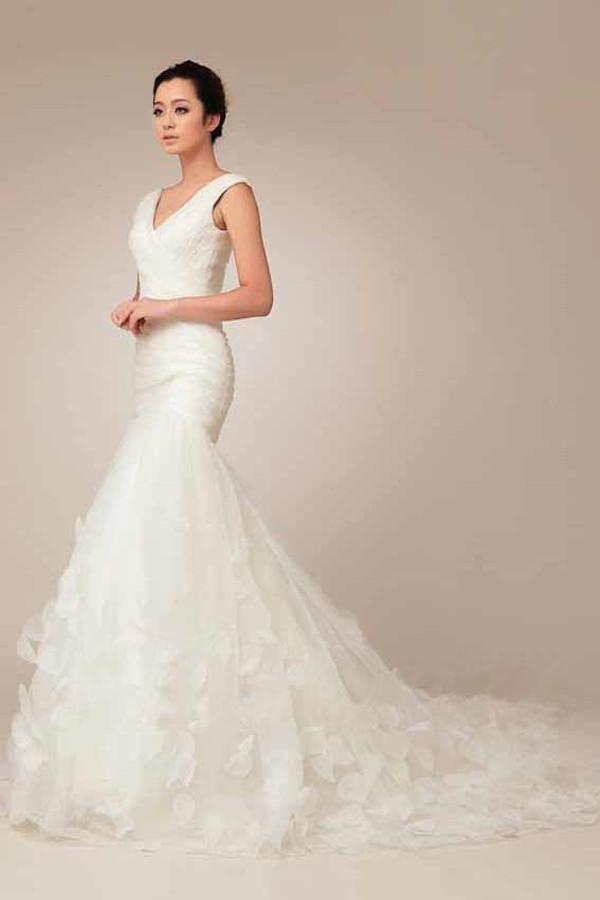 Mermaid V-neck Lace-up Appliques Court Train Wedding Dress WD044 - Tirdress