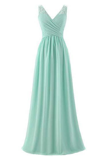 Mint Green V Neck Long Simple Pleated Bridesmaid Dress with Lace