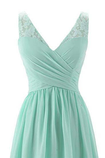 Mint Green V Neck Long Simple Pleated Bridesmaid Dress with Lace TP0892 Custom Size / As Picture Mint Green V Neck Long Simple Pleated Bridesmaid Dress with Lace TP0892 Custom Size / As Picture