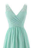 Mint Green V Neck Long Simple Pleated Bridesmaid Dress with Lace TP0892 - Tirdress