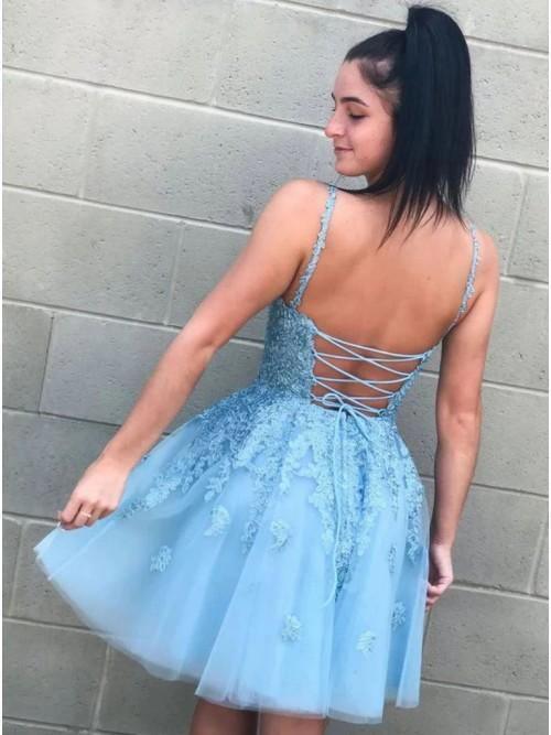 Modest A-Line Blue V-neck Homecoming Dress with Appliques HD0081 - Tirdress