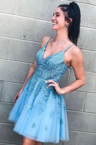 Modest A-Line Blue V-neck Homecoming Dress with Appliques HD0081 - Tirdress
