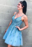 Modest A-Line Blue V-neck Homecoming Dress with Appliques  HD0081