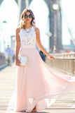 Modest Chiffon A Line Long Prom Dresses,Blush Pink White Lace Evening Dresses TN162