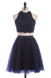 Modest Two Pieces Sleeveless Hollow Navy Blue Homecoming Dress TR0059