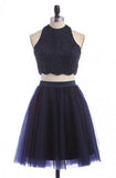 Modest Two Pieces Sleeveless Hollow Navy Blue Homecoming Dress TR0059 - Tirdress