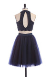 Modest Two Pieces Sleeveless Hollow Navy Blue Homecoming Dress TR0059 - Tirdress