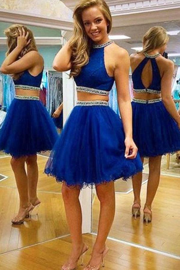 Modest Two-piece Open Back Royal Blue Homecoming Dress With Beading TR0043 - Tirdress