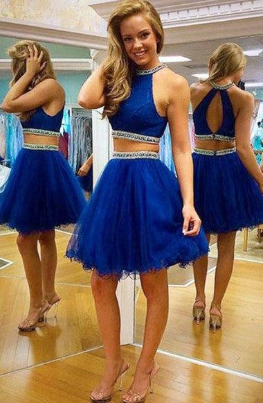 Modest Two-piece Open Back Royal Blue Homecoming Dress With Beading TR0043 - Tirdress