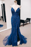 Navy Appliques Lace-Up Back Mermaid Long Prom Dress with Slit TP1188