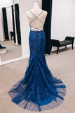 Navy Appliques Lace-Up Back Mermaid Long Prom Dress with Slit TP1188 - Tirdress