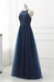 Navy Blue Lace High Neck Tulle Long Prom Dress Evening Dresses TP0930 - Tirdress