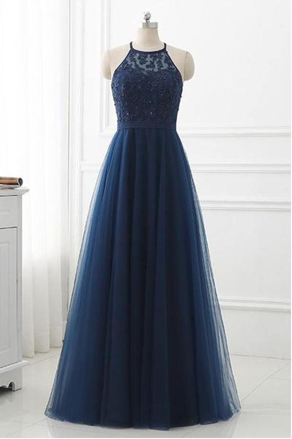 Navy Blue Lace High Neck Tulle Long Prom Dress Evening Dresses TP0930 - Tirdress