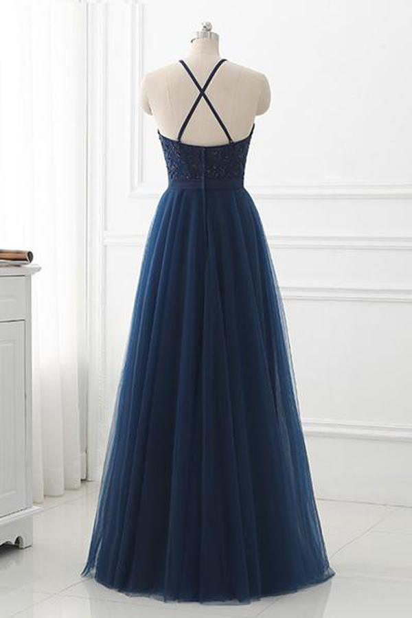 Navy Blue Lace High Neck Tulle Long Prom Dress Evening Dresses TP0930 US8 / Custom Color Navy Blue Lace High Neck Tulle Long Prom Dress Evening Dresses TP0930 US8 / Custom Color
