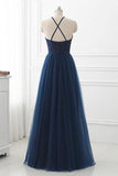 Navy Blue Lace High Neck Tulle Long Prom Dress Evening Dresses TP0930 - Tirdress