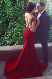 V Neck Cap Sleeves Long Backless Red Mermaid Prom Dress with Beading PG370 - Tirdress