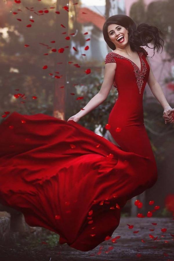 V Neck Cap Sleeves Long Backless Red Mermaid Prom Dress with Beading PG370 - Tirdress