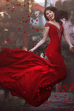V Neck Cap Sleeves Long Backless Red Mermaid Prom Dress with Beading PG370