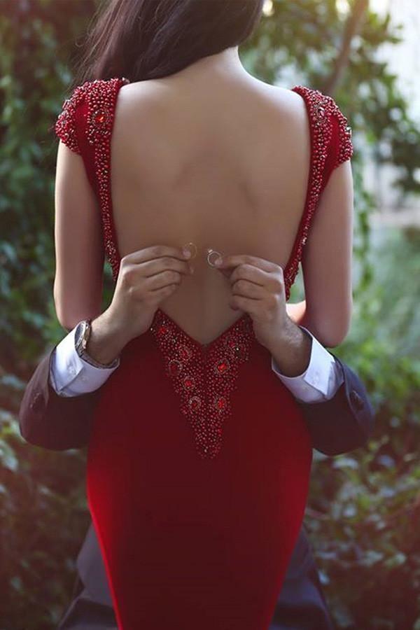 V Neck Cap Sleeves Long Backless Red Mermaid Prom Dress with Beading PG370 - Tirdress
