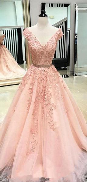 V Neck Cap Sleeves Peach Lace A-line Long Evening Prom Dresses TP0823 - Tirdress