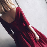 V Neck Half Sleeves Burgundy Lace Homecoming Dress Short Prom Dress PG104 - Tirdress