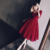 V Neck Half Sleeves Burgundy Lace Homecoming Dress Short Prom Dress PG104 - Tirdress