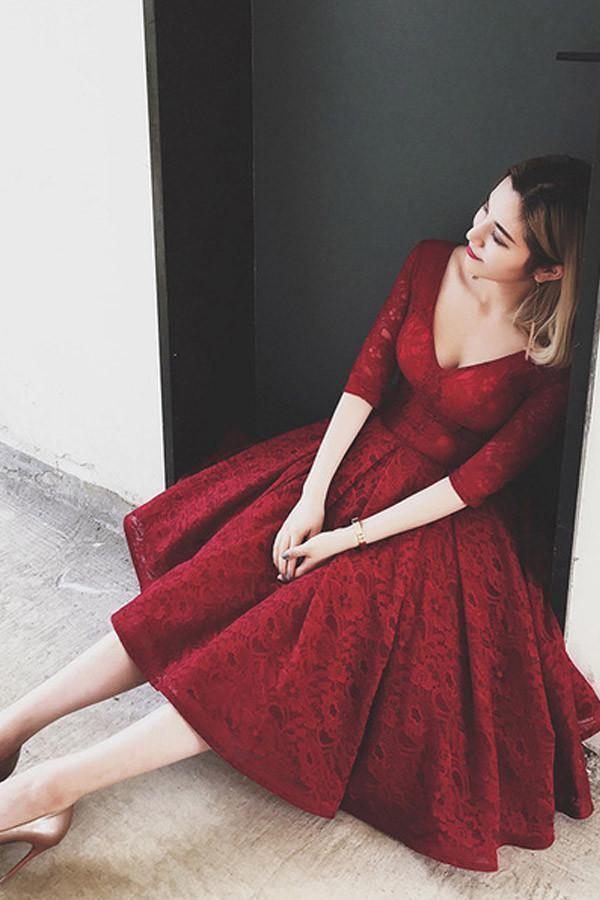 V Neck Half Sleeves Burgundy Lace Homecoming Dress Short Prom Dress PG104 - Tirdress