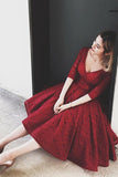 V Neck Half Sleeves Burgundy Lace Homecoming Dress Short Prom Dress PG104 - Tirdress