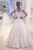 V Neck Long Sleeves Appliques Wedding Dresses With Court Train WD064