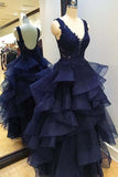 V Neck Navy Blue Backless Prom Dresses Evening Gowns Dress TP0851