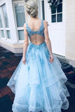 V Neck Open Back Blue Long Prom Dresses Graduation Dresses TP1089 - Tirdress