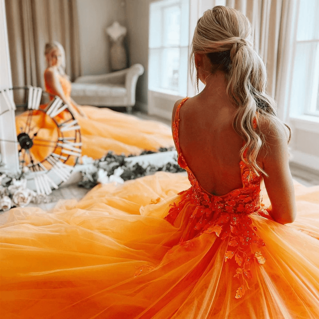 V Neck Open Back Orange Tulle Lace Long Prom Dress Evening Dress