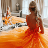 V Neck Open Back Orange Tulle Lace Long Prom Dress Orange Formal Dress TP1119 - Tirdress