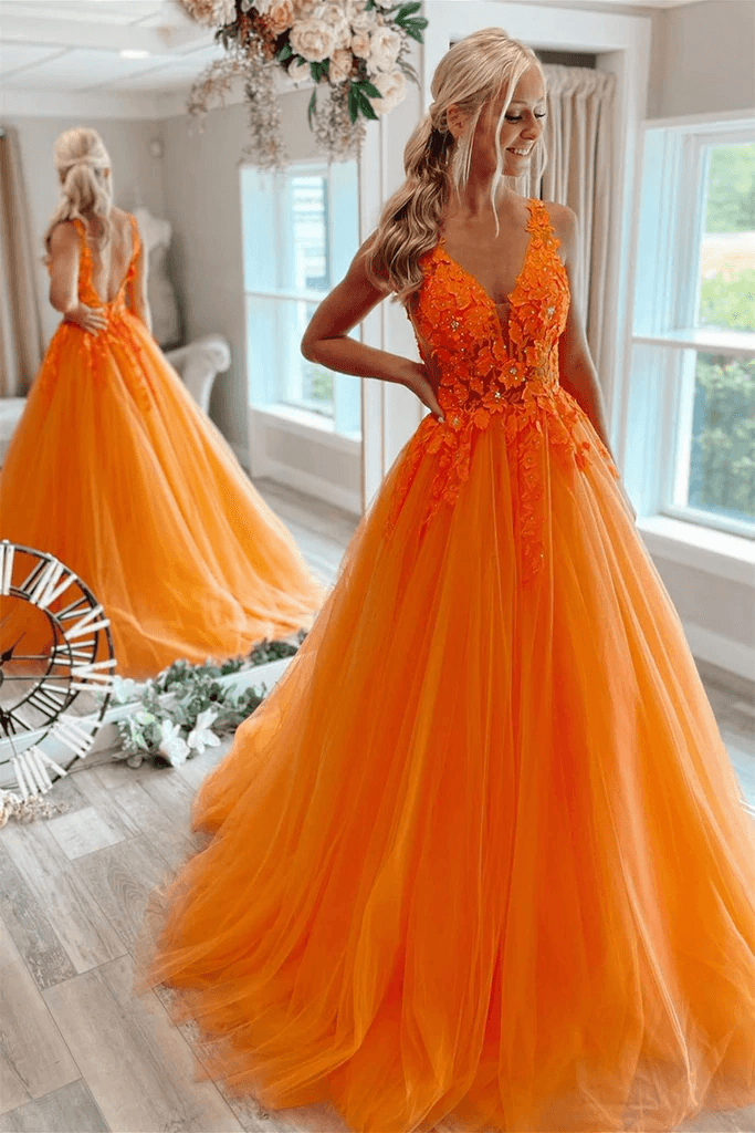 Col en V Dos Ouvert Orange Tulle Dentelle Longue Robe de Bal Robe