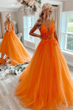 Langes Ballkleid mit V-Ausschnitt, offenem Rücken, orangefarbenem Tüll und Spitze, orangefarbenes formelles Kleid TP1119